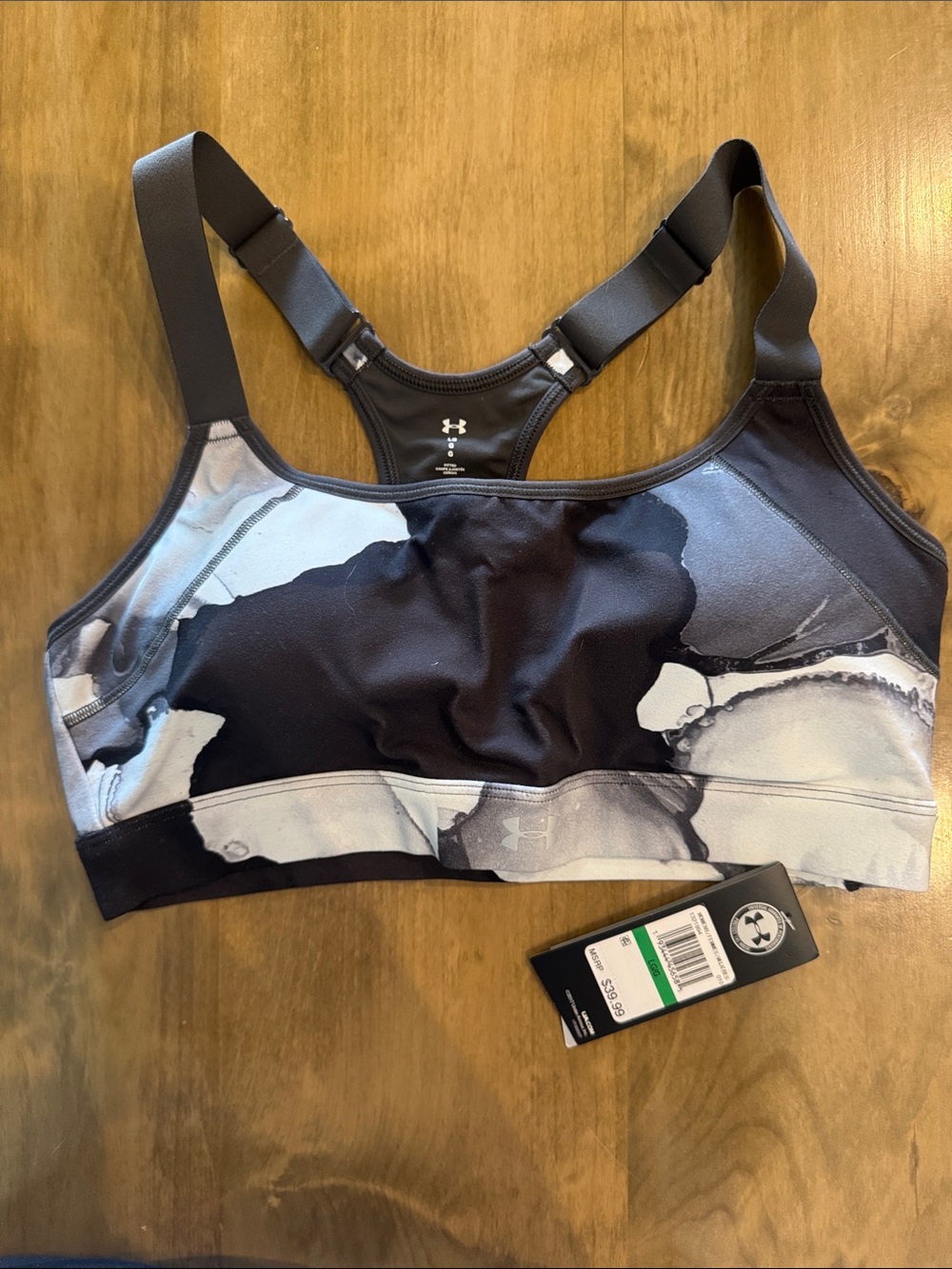NEW w/ tags! Under Armour Black & Gray Marble-Print High-Support Sports Bra